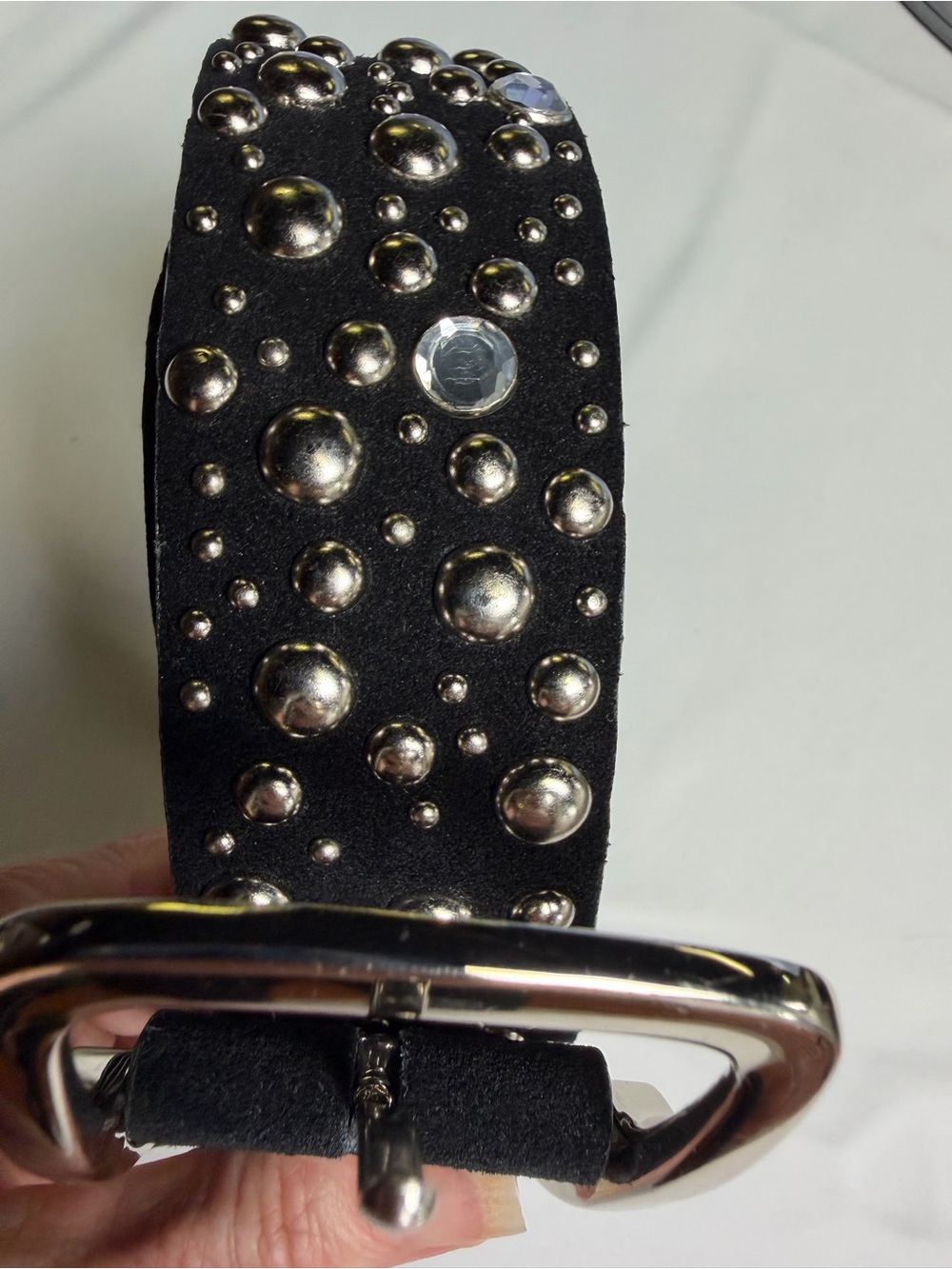 Black Leather /Suede Studded and Chrystal Belt with Silver Accents medium - 36
